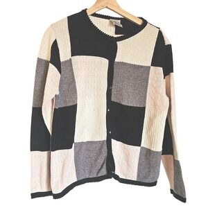 Alison Daley Petite Patchwork Cardigan Medium Sweater Black Cream Pink Gray
